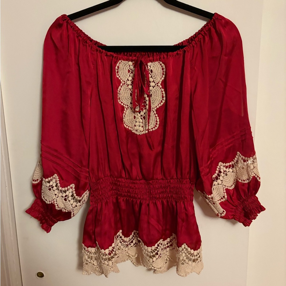 Bebe Pink Peplum Blouse with Cream Lace Trim